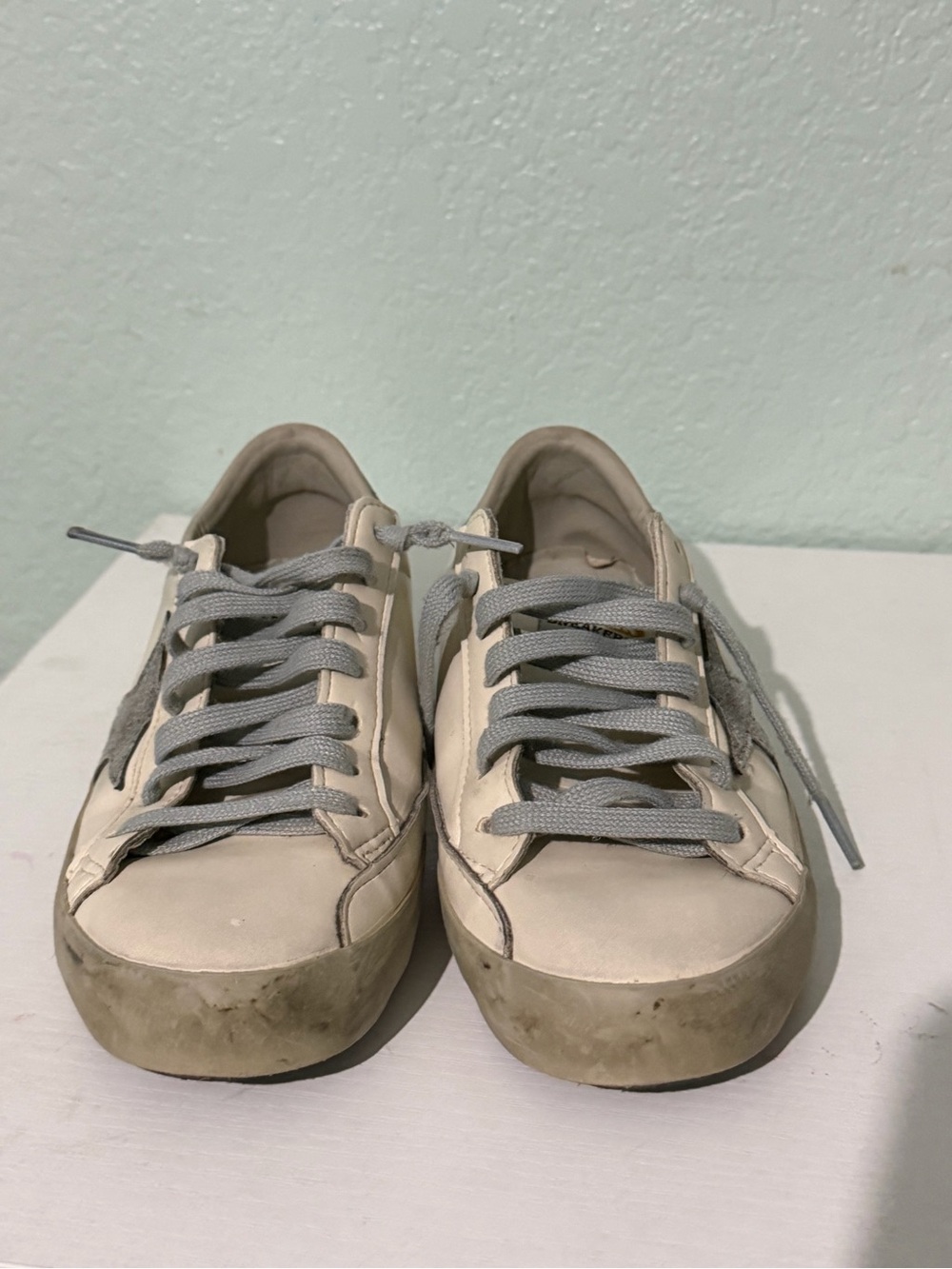 Golden Goose White Leather Sneakers with Green Heel and Gray Star - Picture 5 of 13